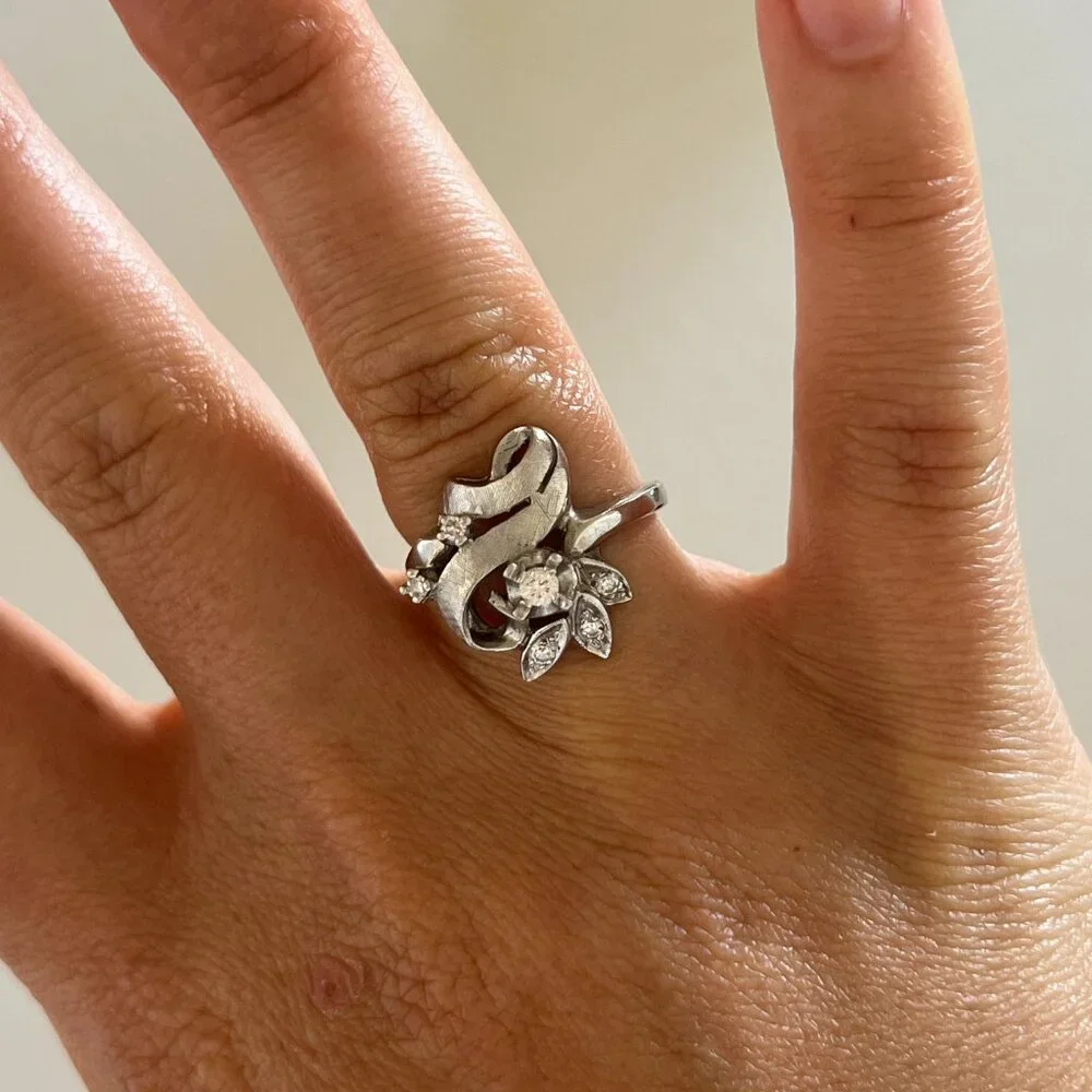 Antique Art Deco 14k White Gold Diamond Cocktail Ring Vintage Size 6 - Picture 5 of 7